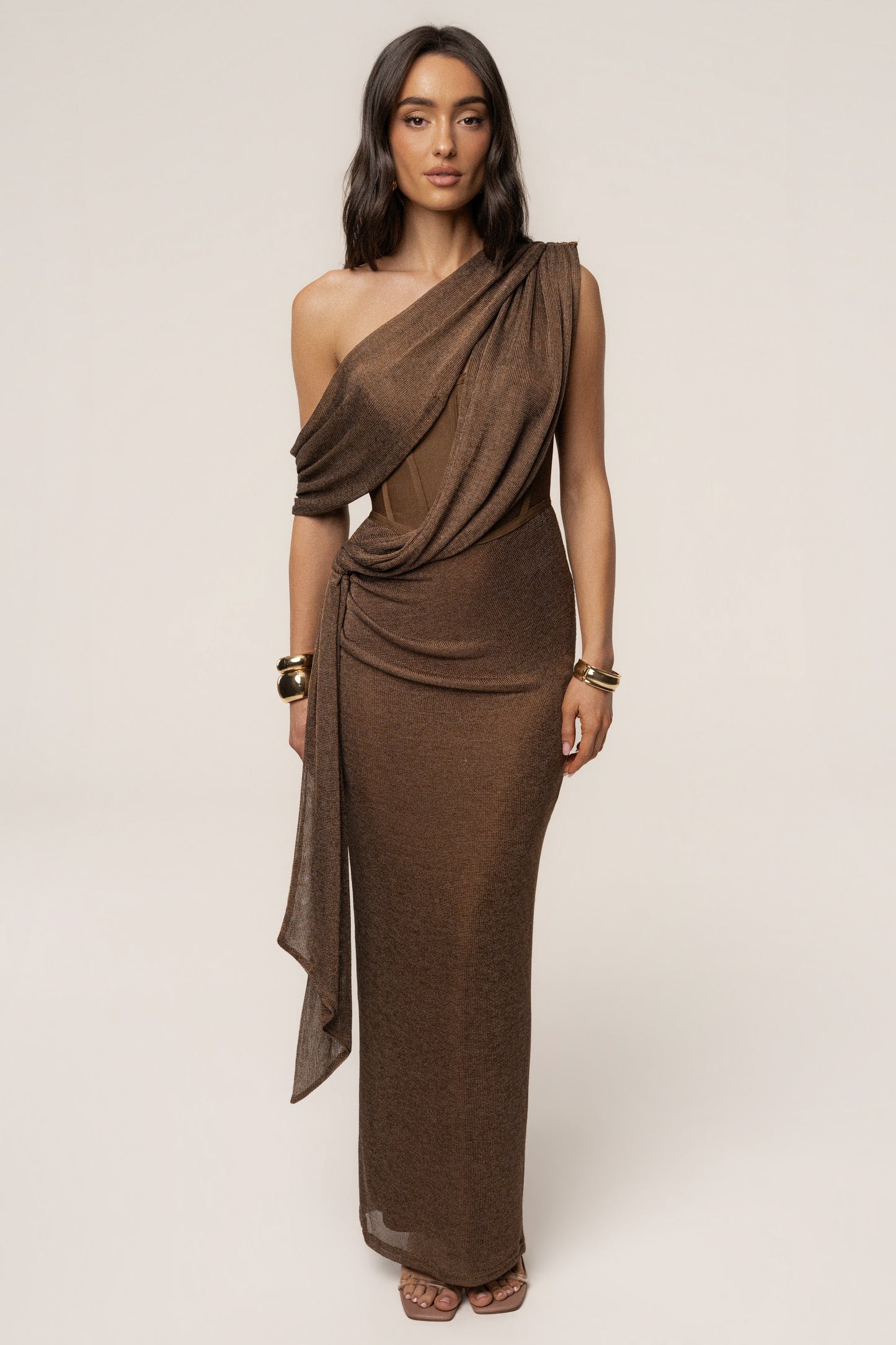 Bronze Metallic Celestina Draped Maxi Dress