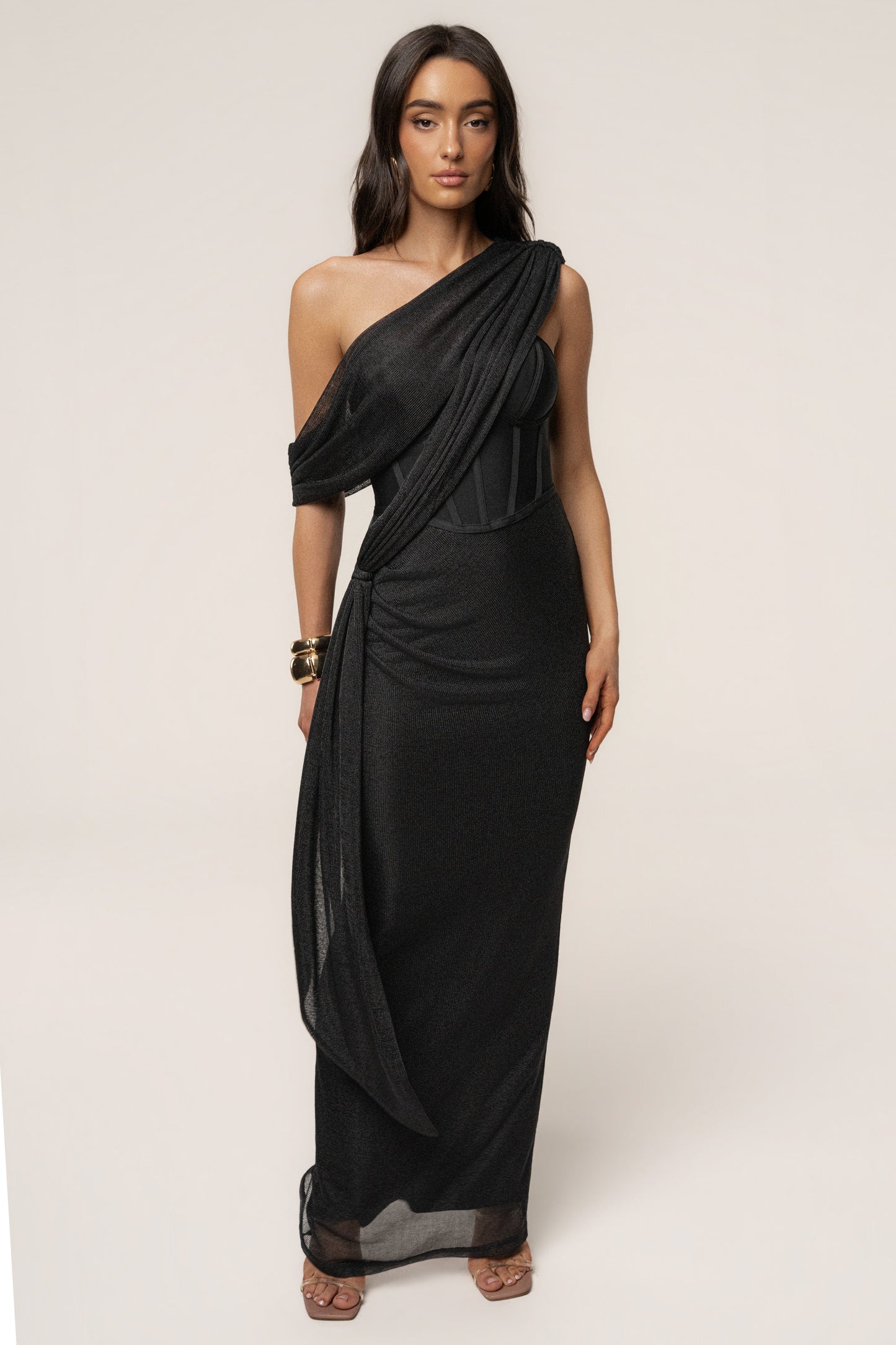 Black Metallic Celestina Draped Maxi Dress