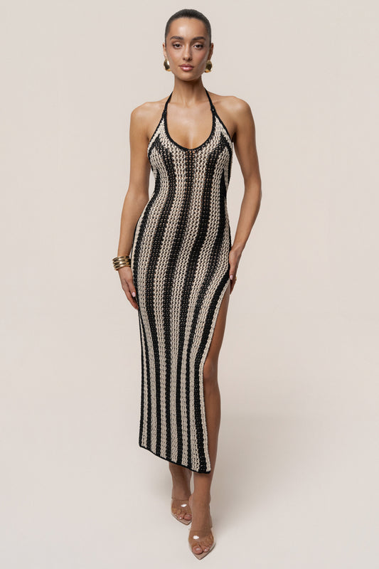 Black/Ivory Luz Halter Crochet Dress