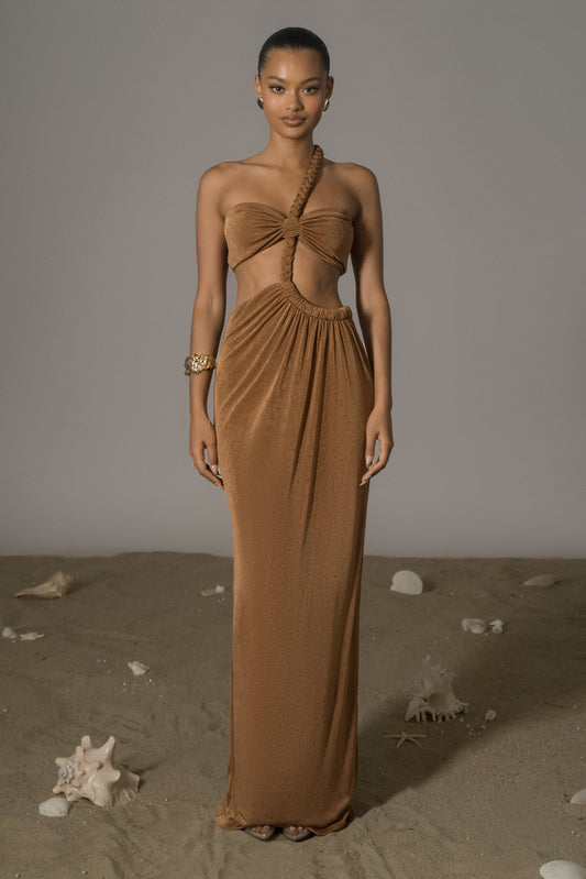 Bronze Ema One Shoulder Maxi Dress