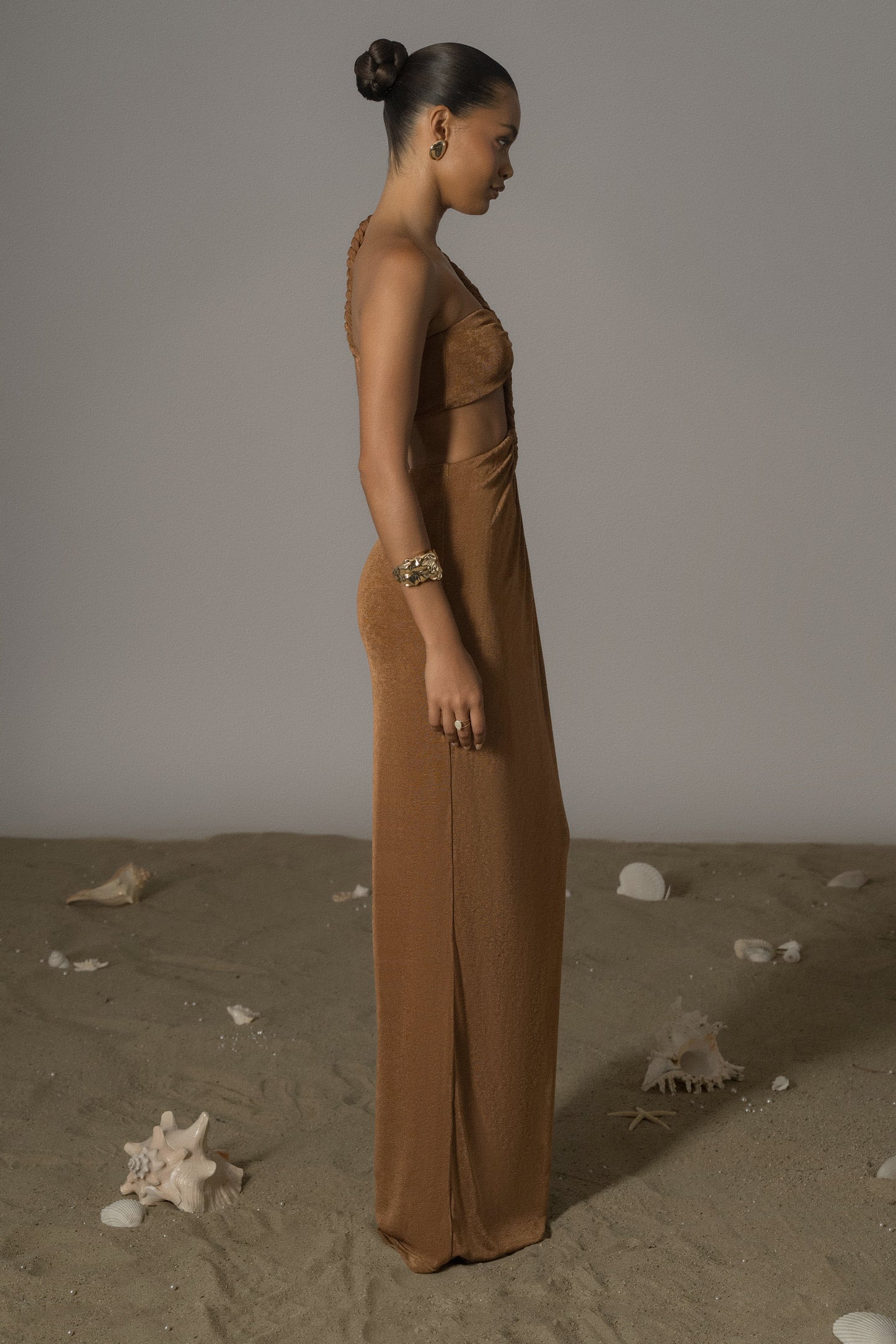 Bronze Ema One Shoulder Maxi Dress