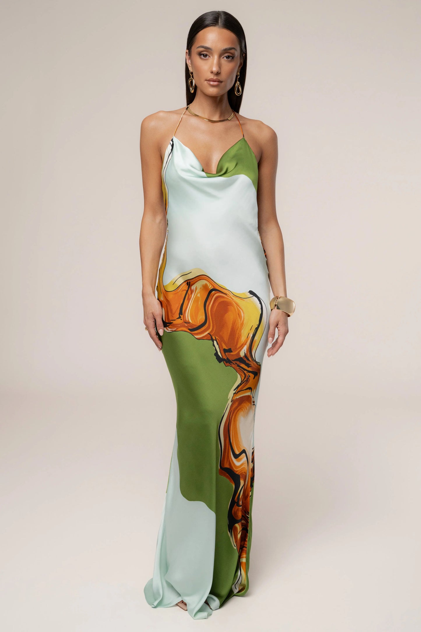 Green Tropical Print Golden Touch Satin Dress