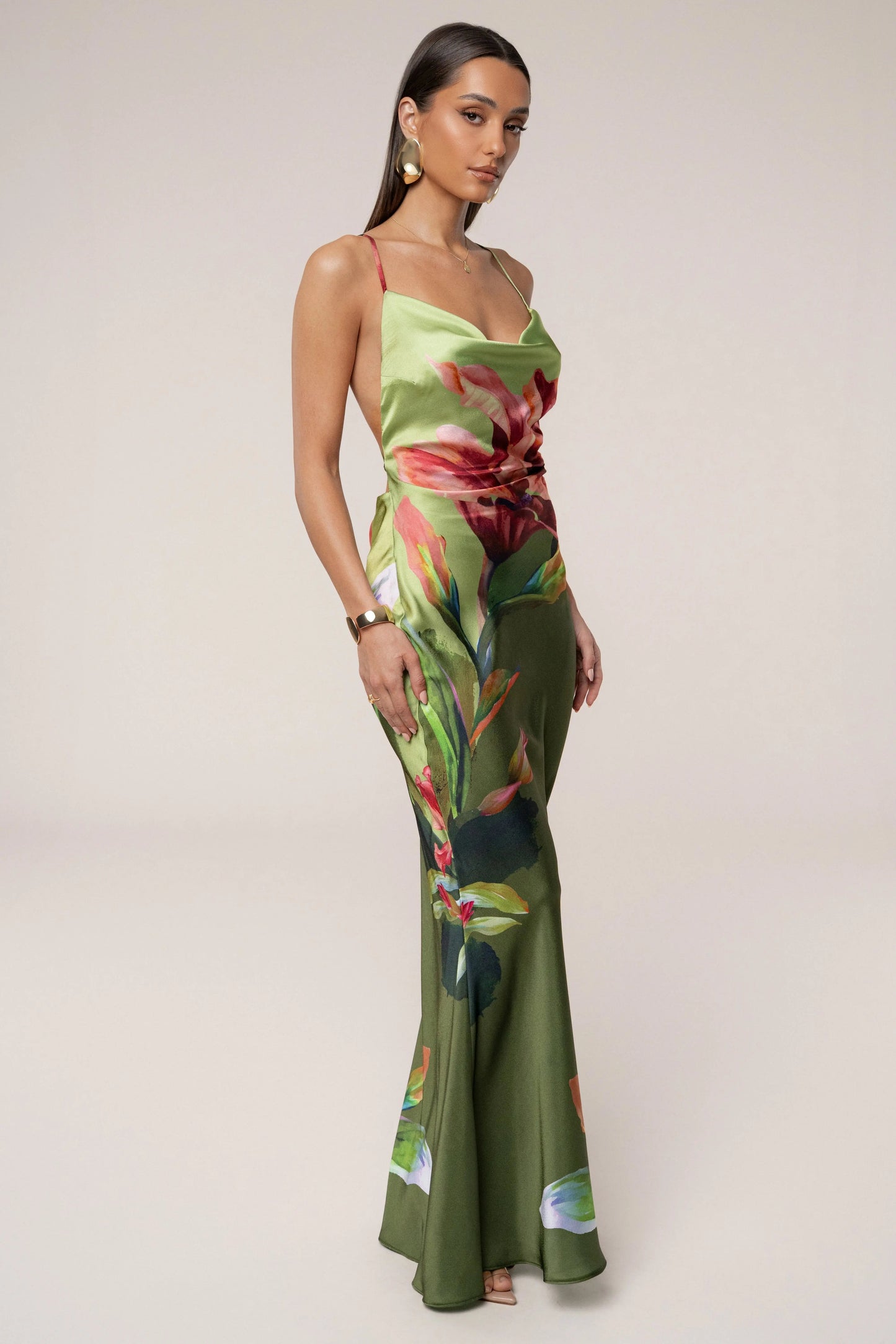 Green Satin Floral Print Maxi Dress