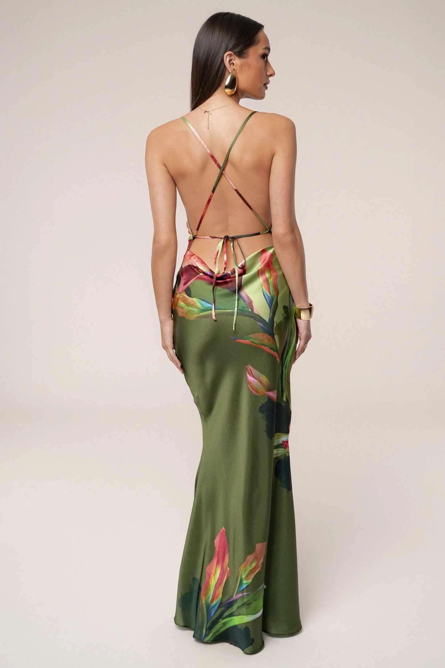 Green Satin Floral Print Maxi Dress