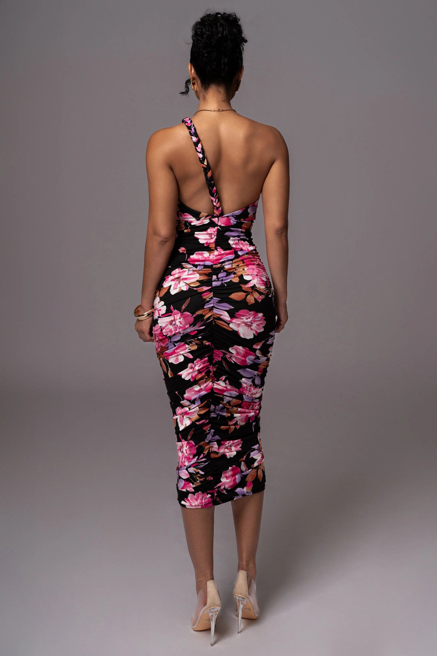 Black Floral Jess Ruched Midi Dress
