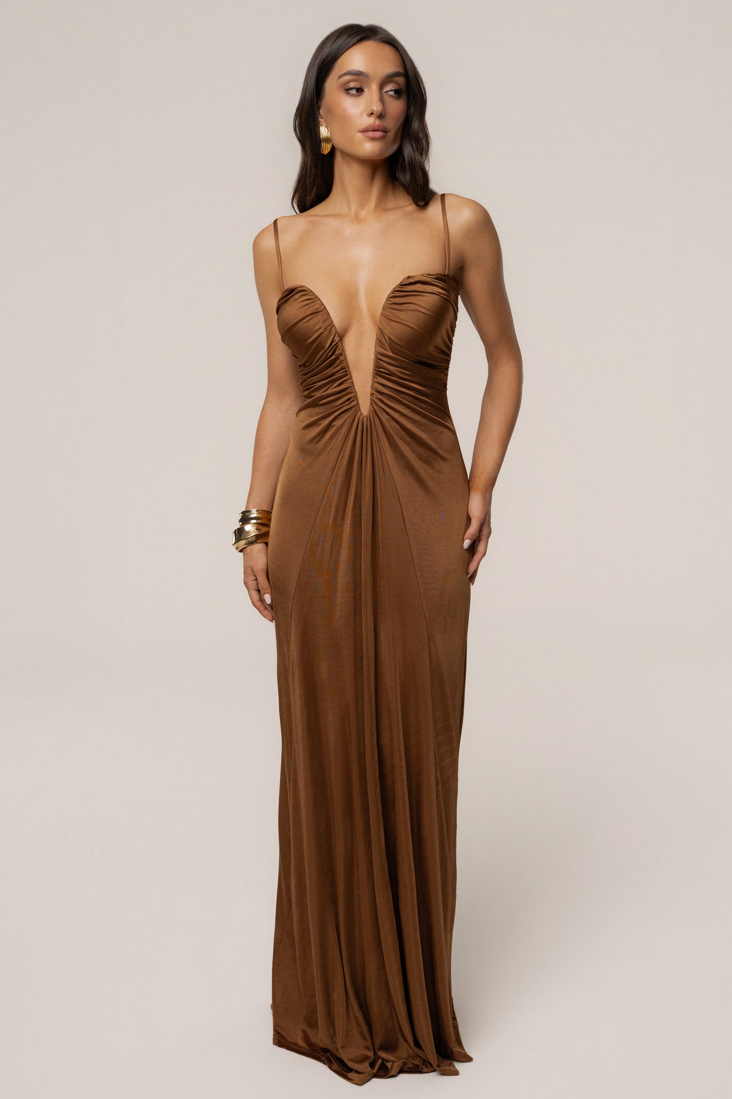Tan Auric Deep Plunge Maxi Dress
