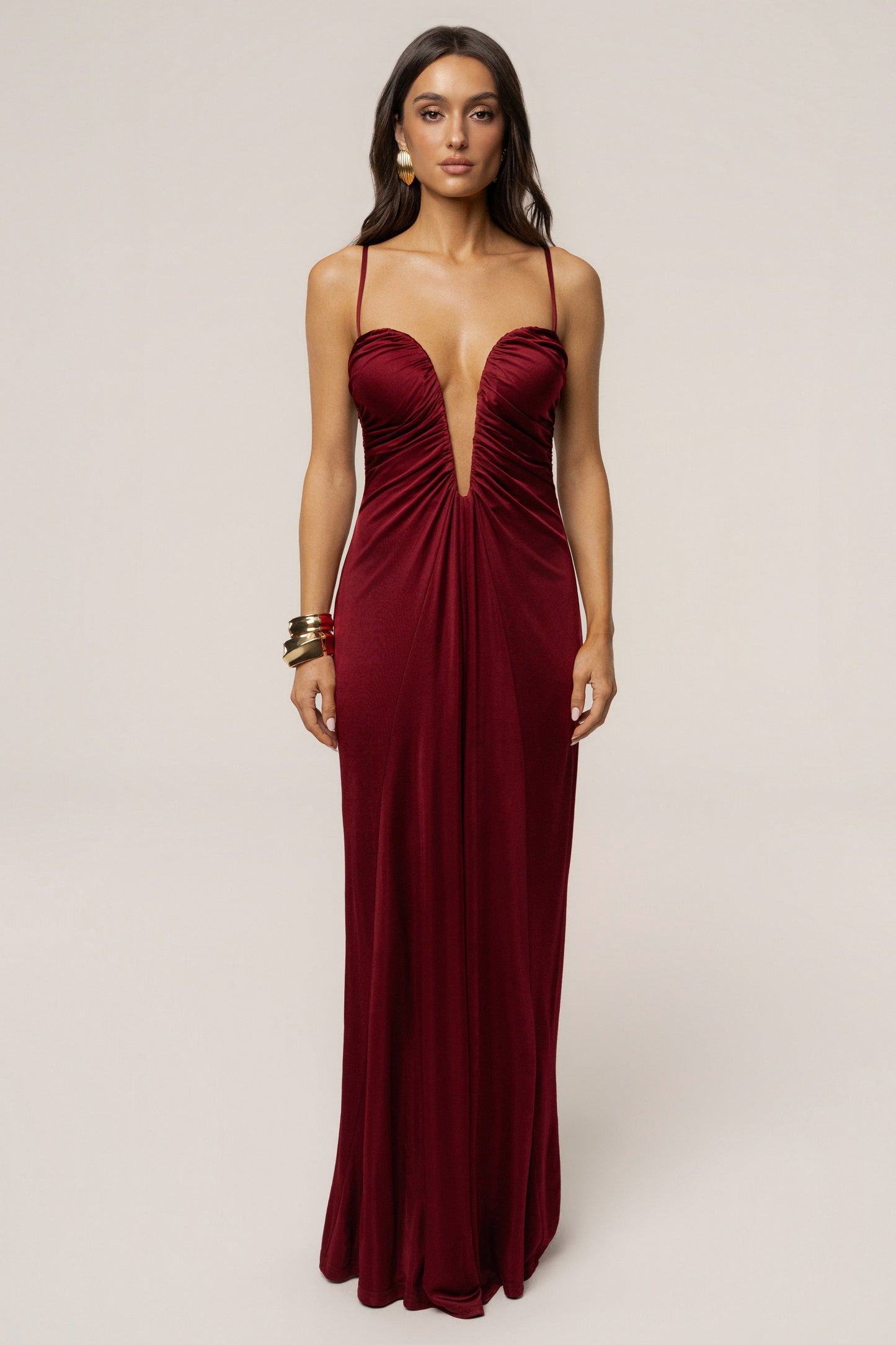 Burgundy Auric Deep Plunge Maxi Dress