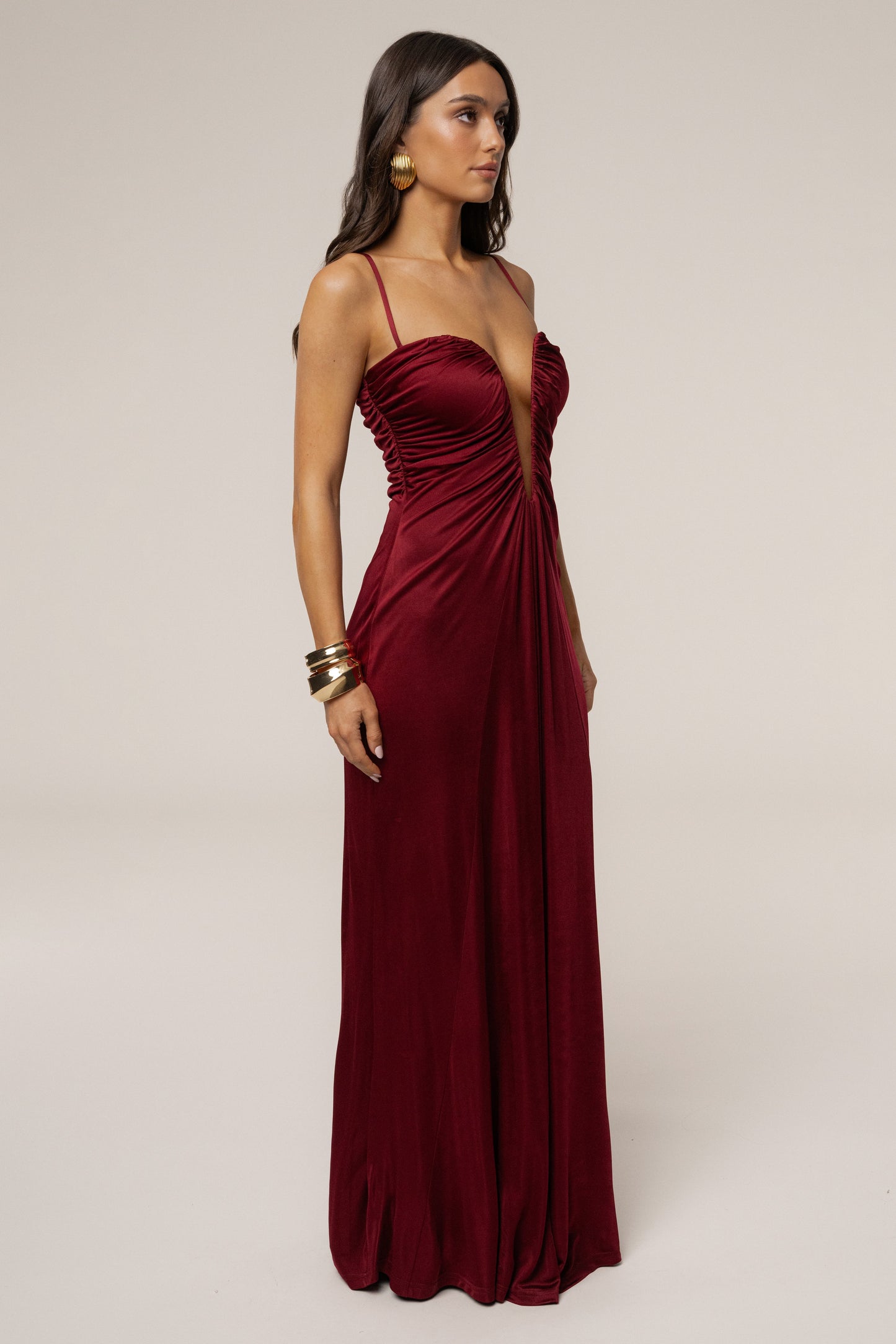 Burgundy Auric Deep Plunge Maxi Dress