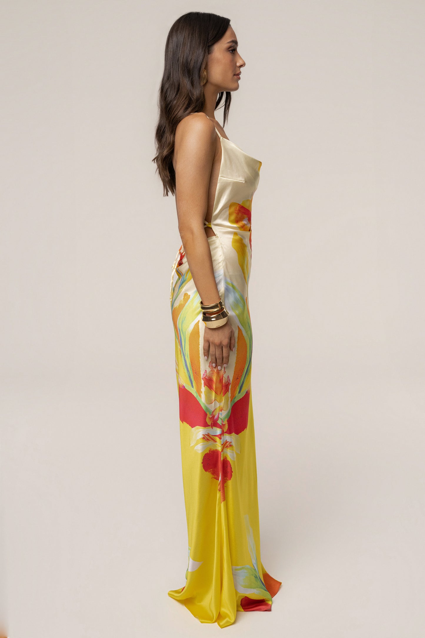 Yellow Satin Floral Print Maxi Dress