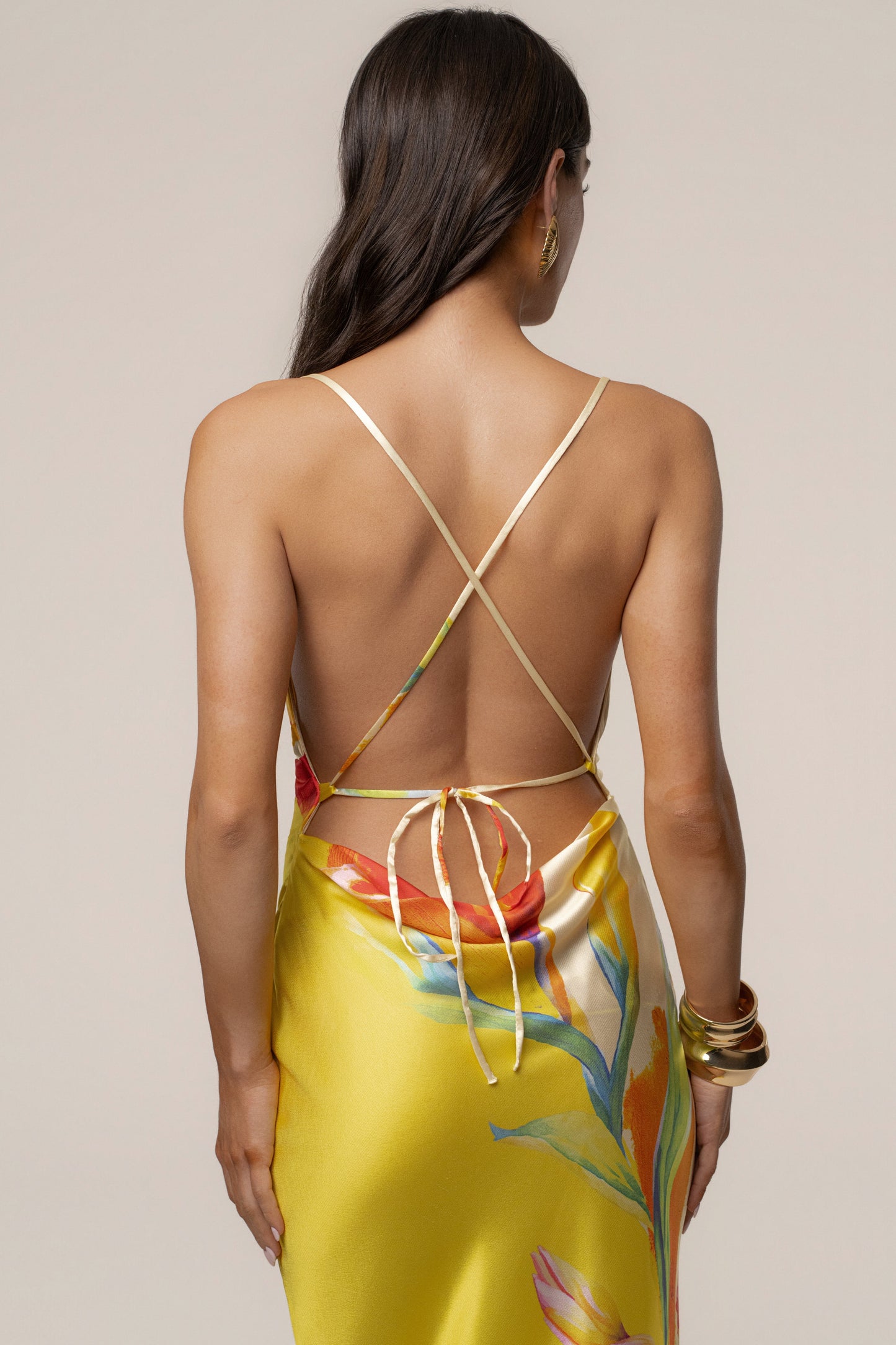 Yellow Satin Floral Print Maxi Dress