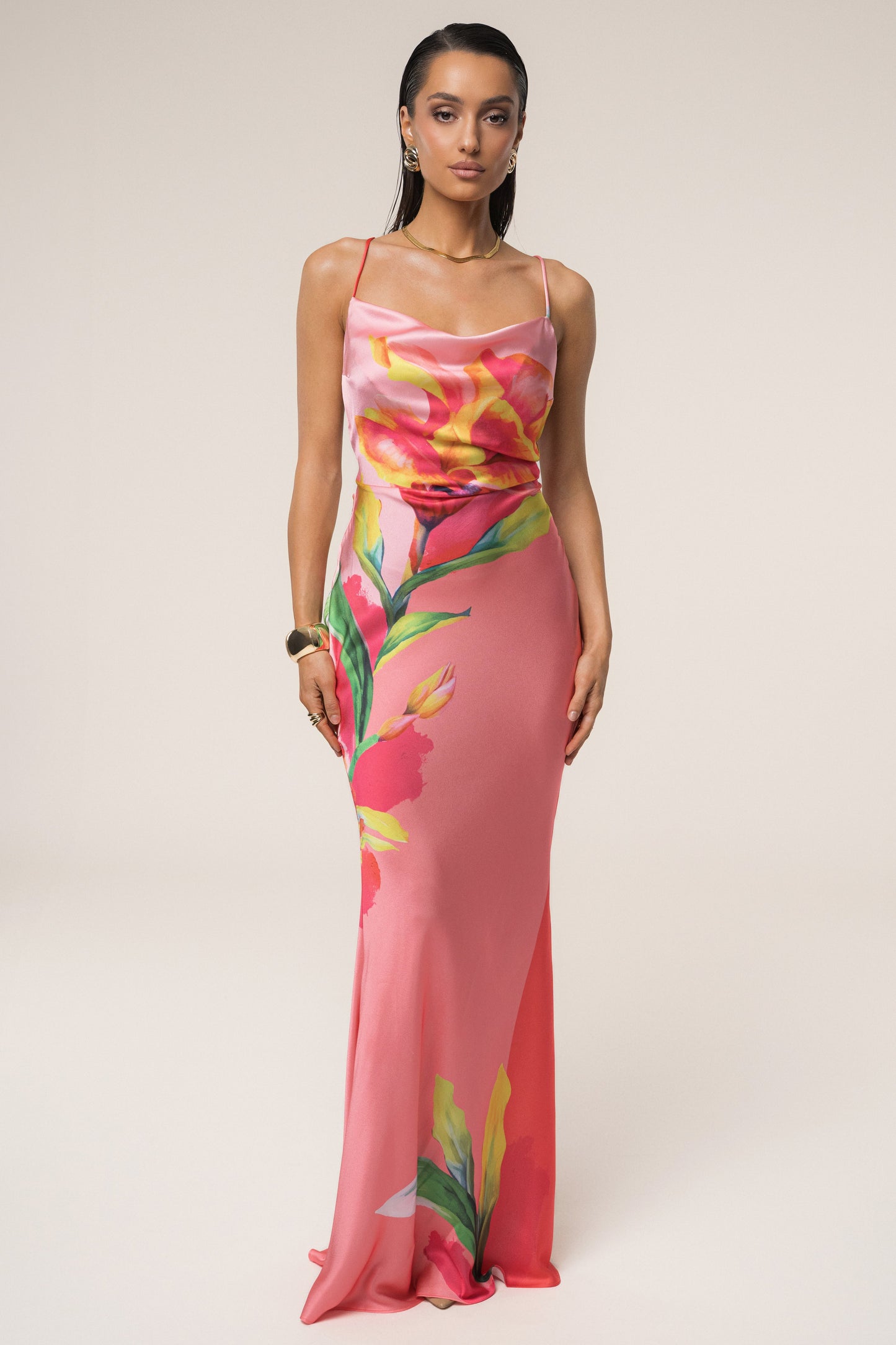 Pink Satin Floral Print Maxi Dress