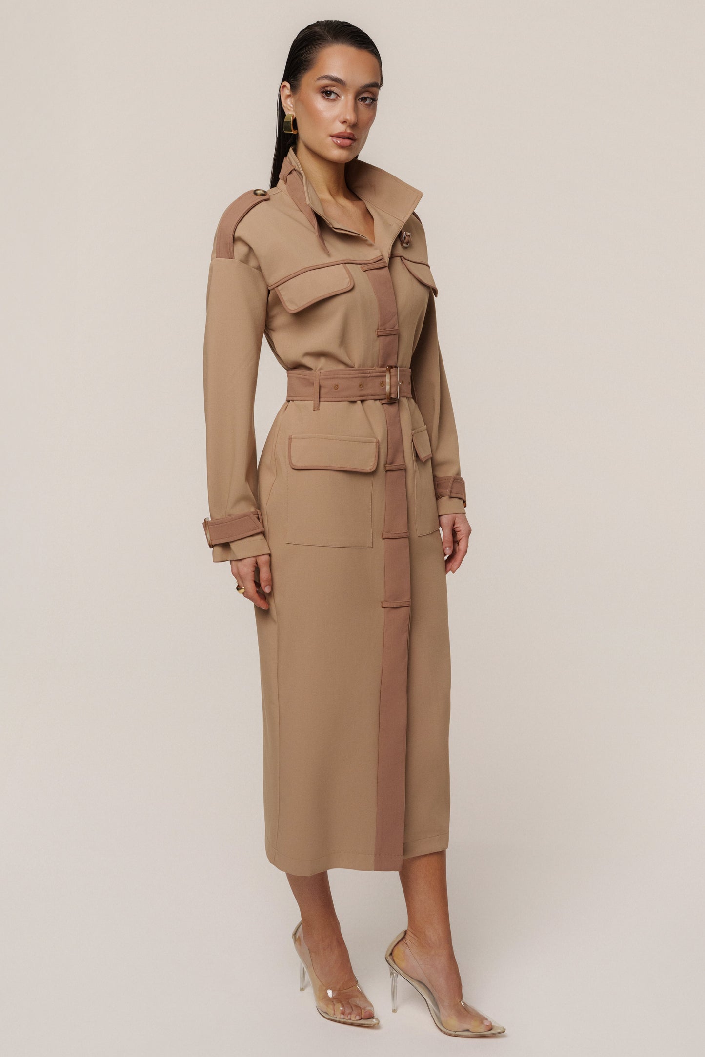 Beige Icon Belted Midi Dress