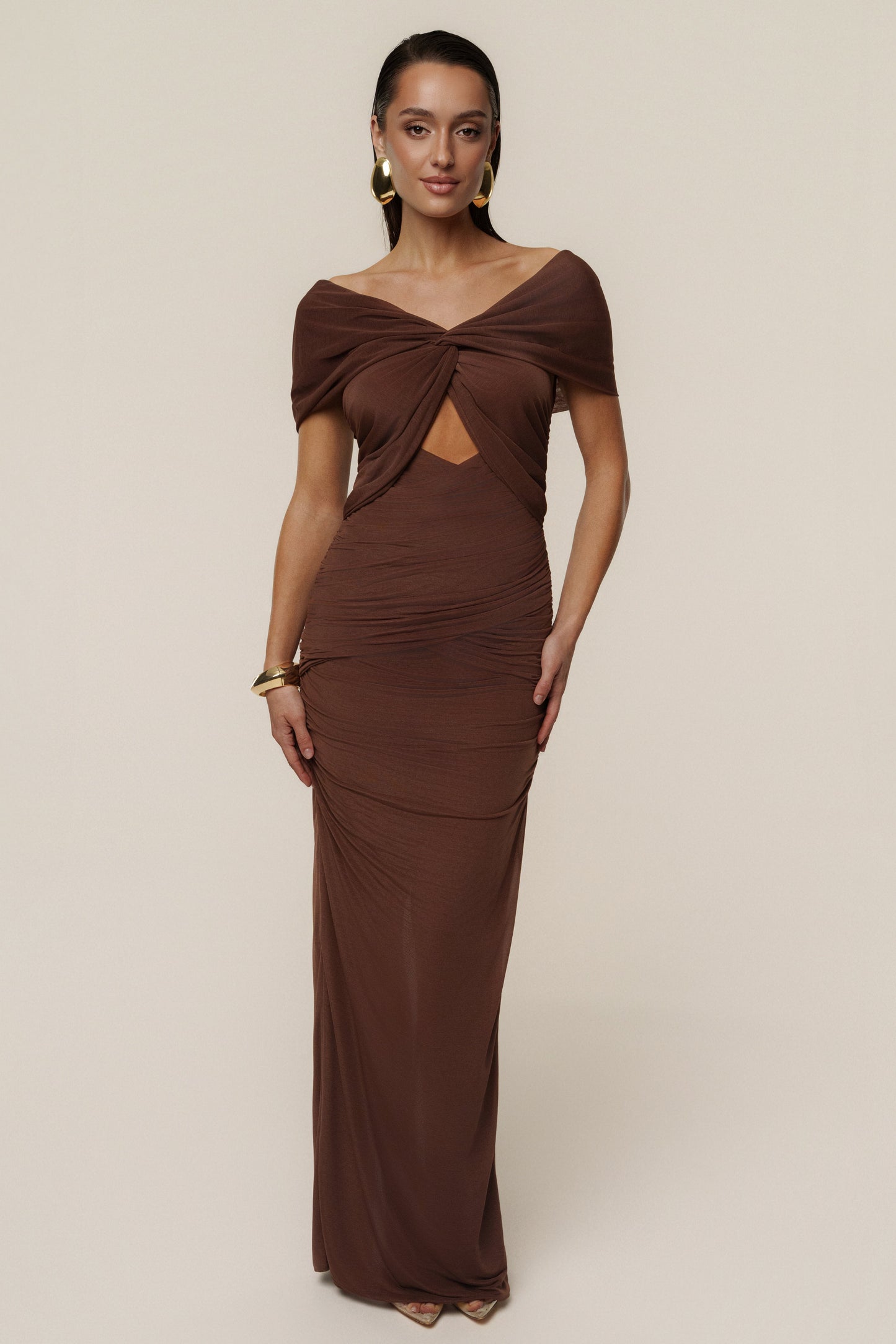 Chocolate Alessandra Off Shoulder Maxi Dress