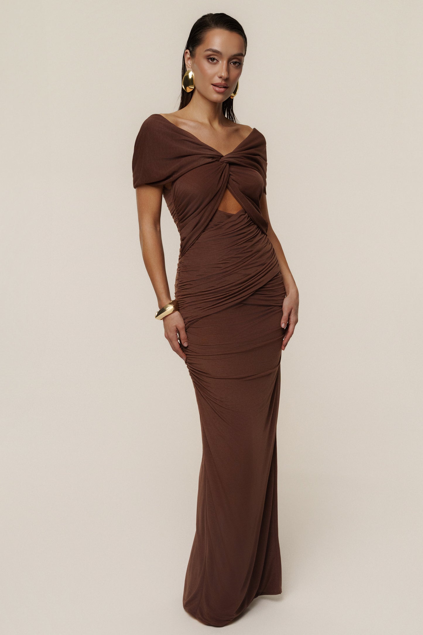 Chocolate Alessandra Off Shoulder Maxi Dress