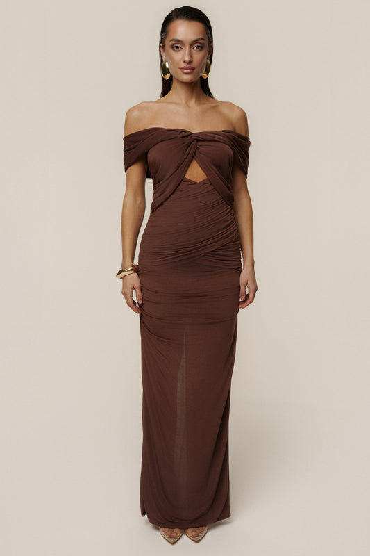Chocolate Alessandra Off Shoulder Maxi Dress