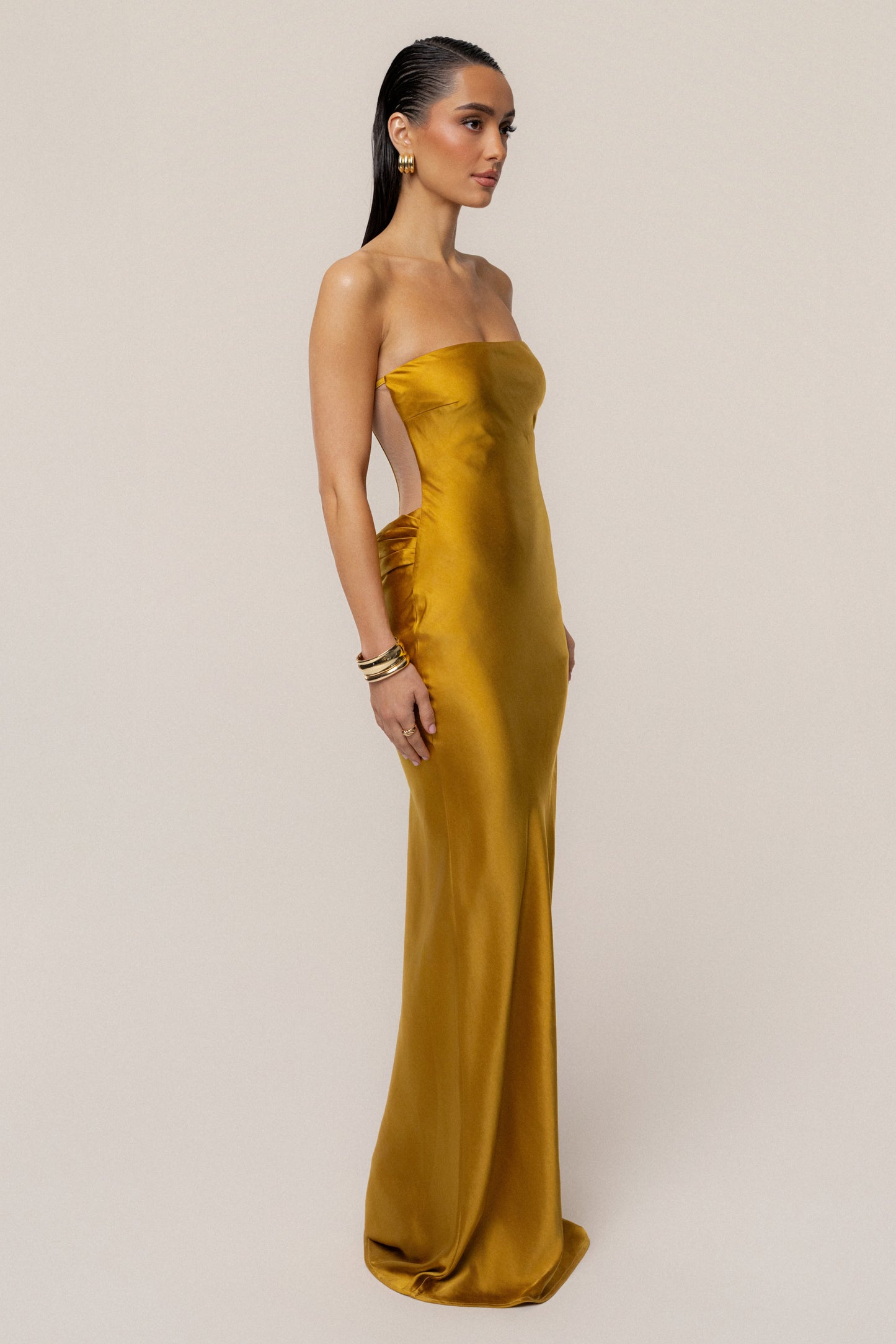 Gold Regal Rising Satin Maxi Dress