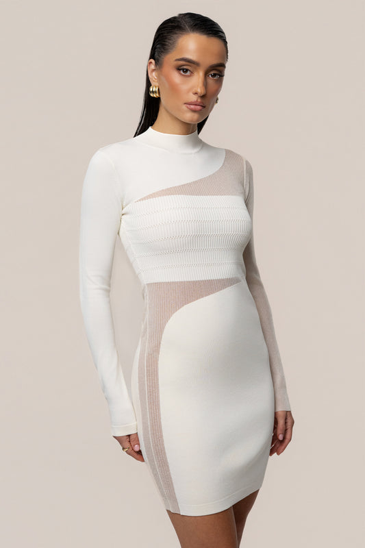 Ivory Sheer Knit Mock Neck Dress