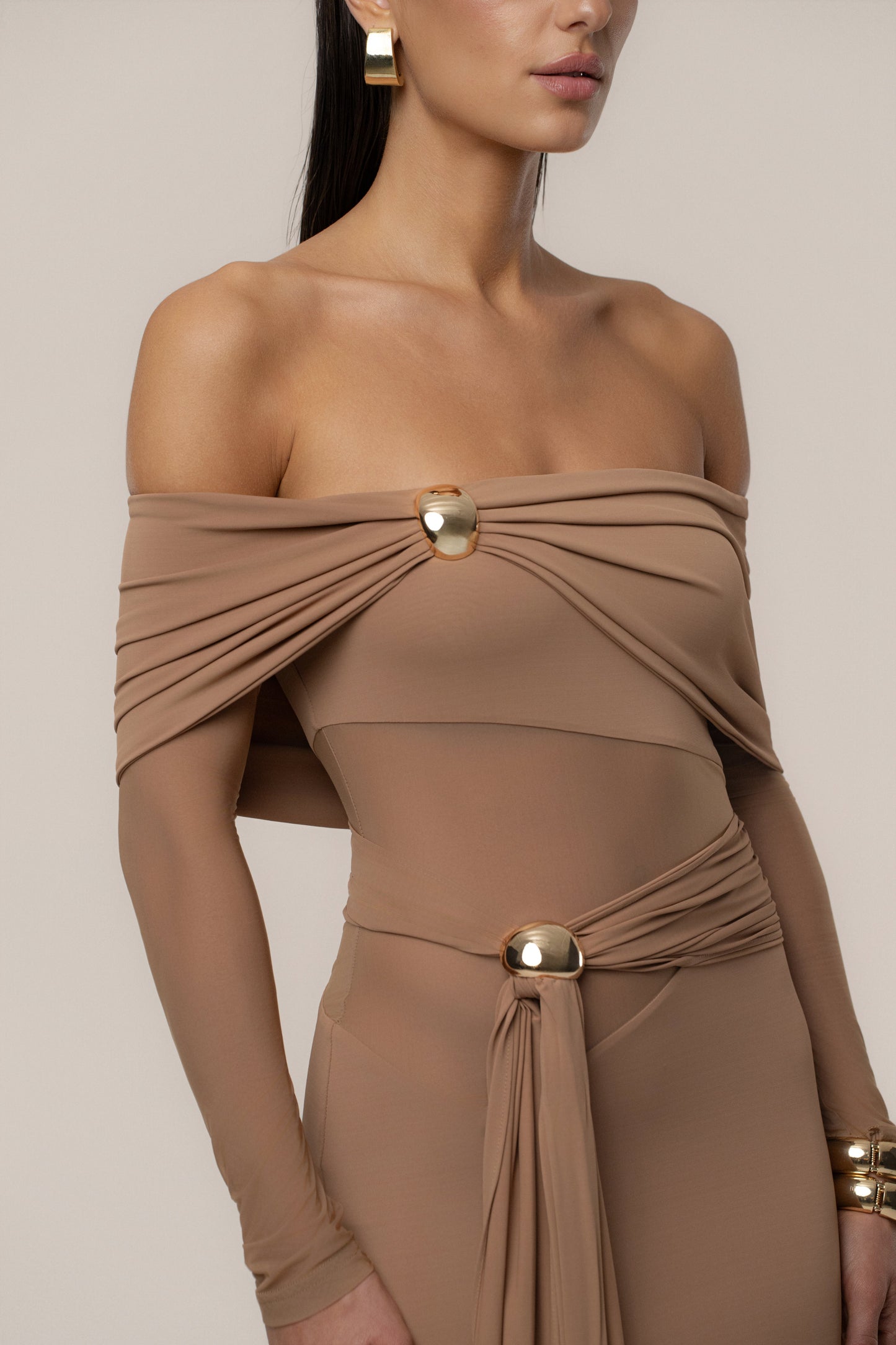 Beige Glow State Drape Dress