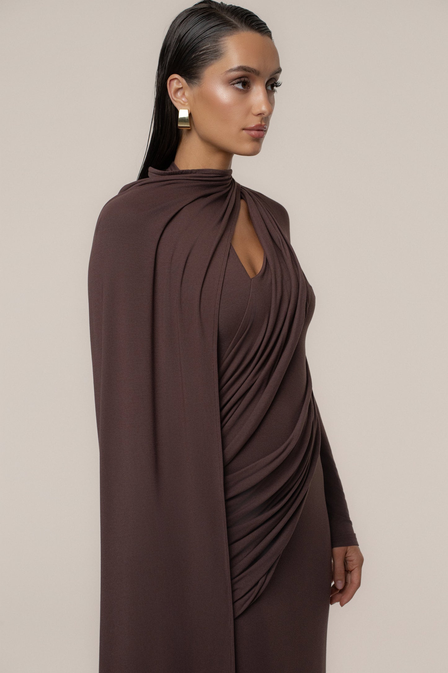Chocolate Draped Elegance Cape Dress