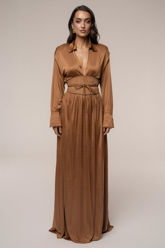 Tan High Line Collar Maxi Dress