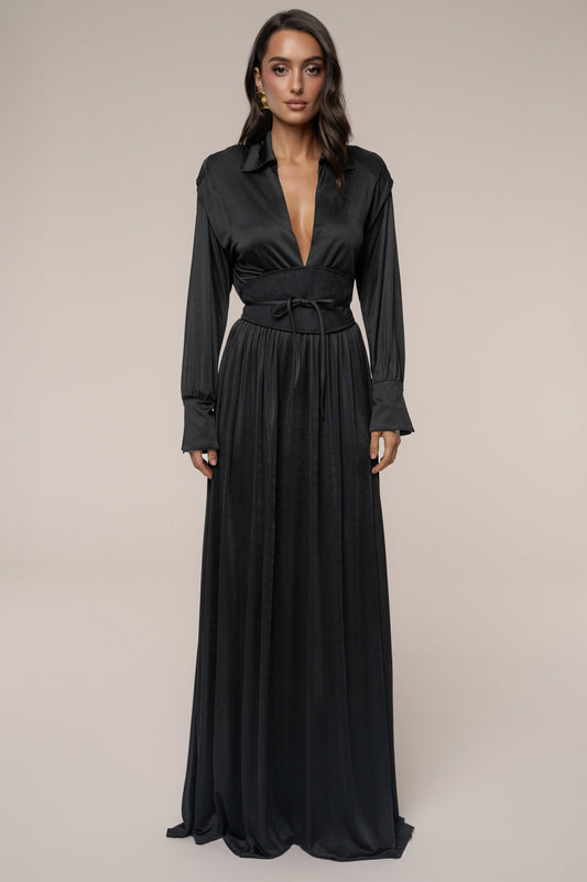 Black High Line Collar Maxi Dress