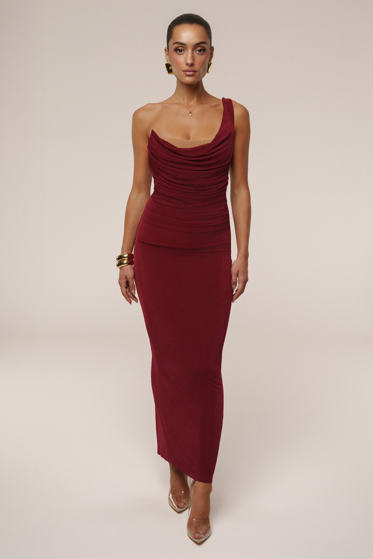 Burgundy Slinky Krishna One Shoulder Maxi Dress