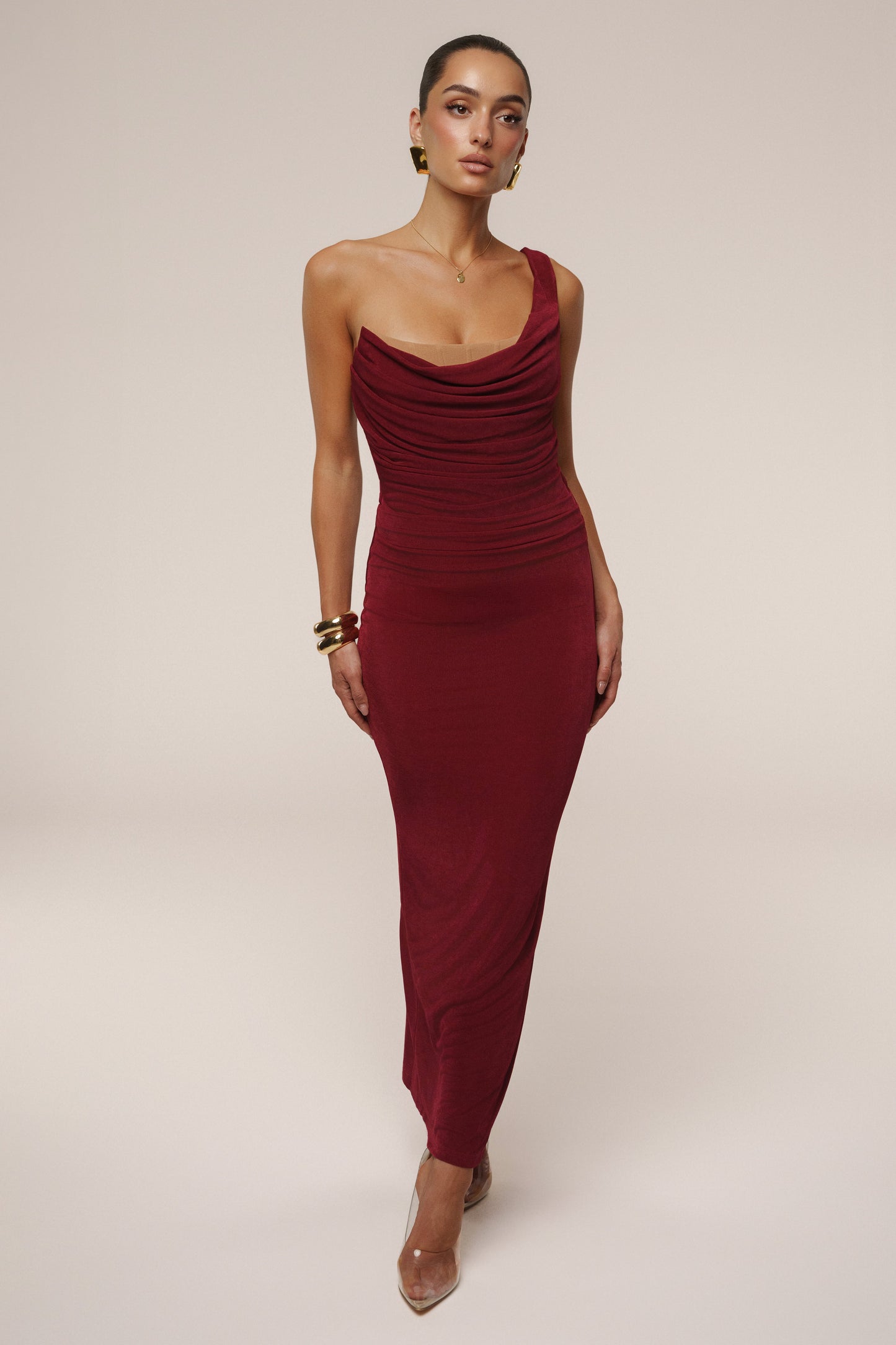 Burgundy Slinky Krishna One Shoulder Maxi Dress