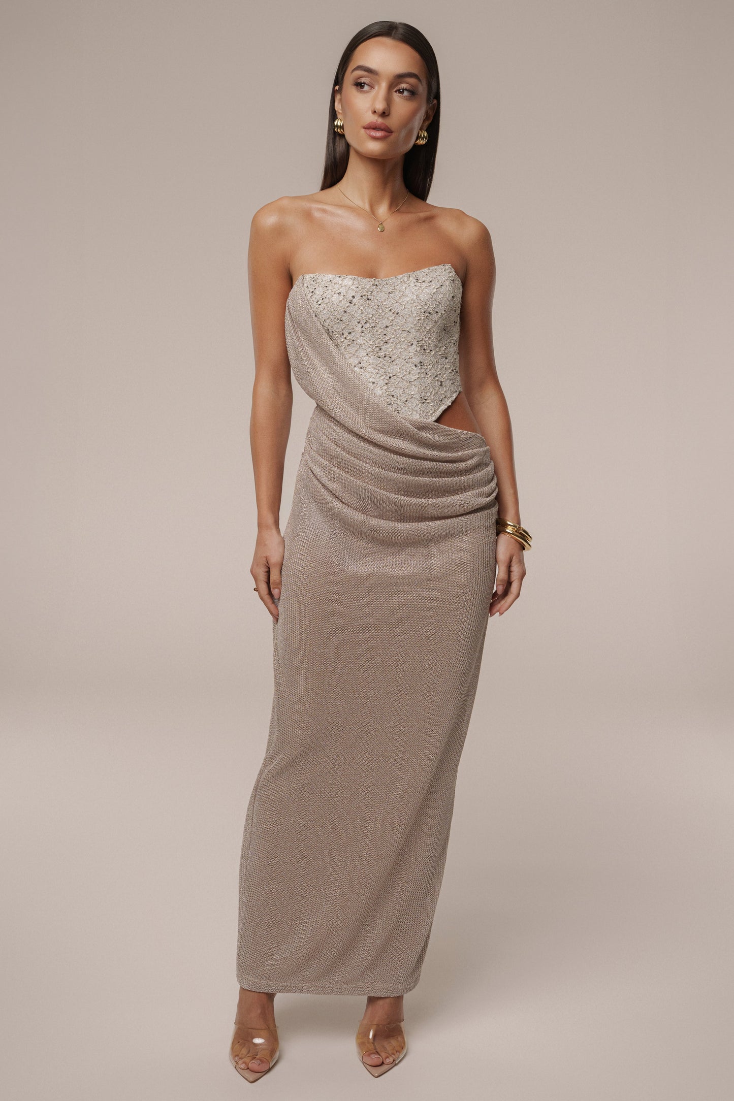 Beige Stellar Sequin Maxi Dress