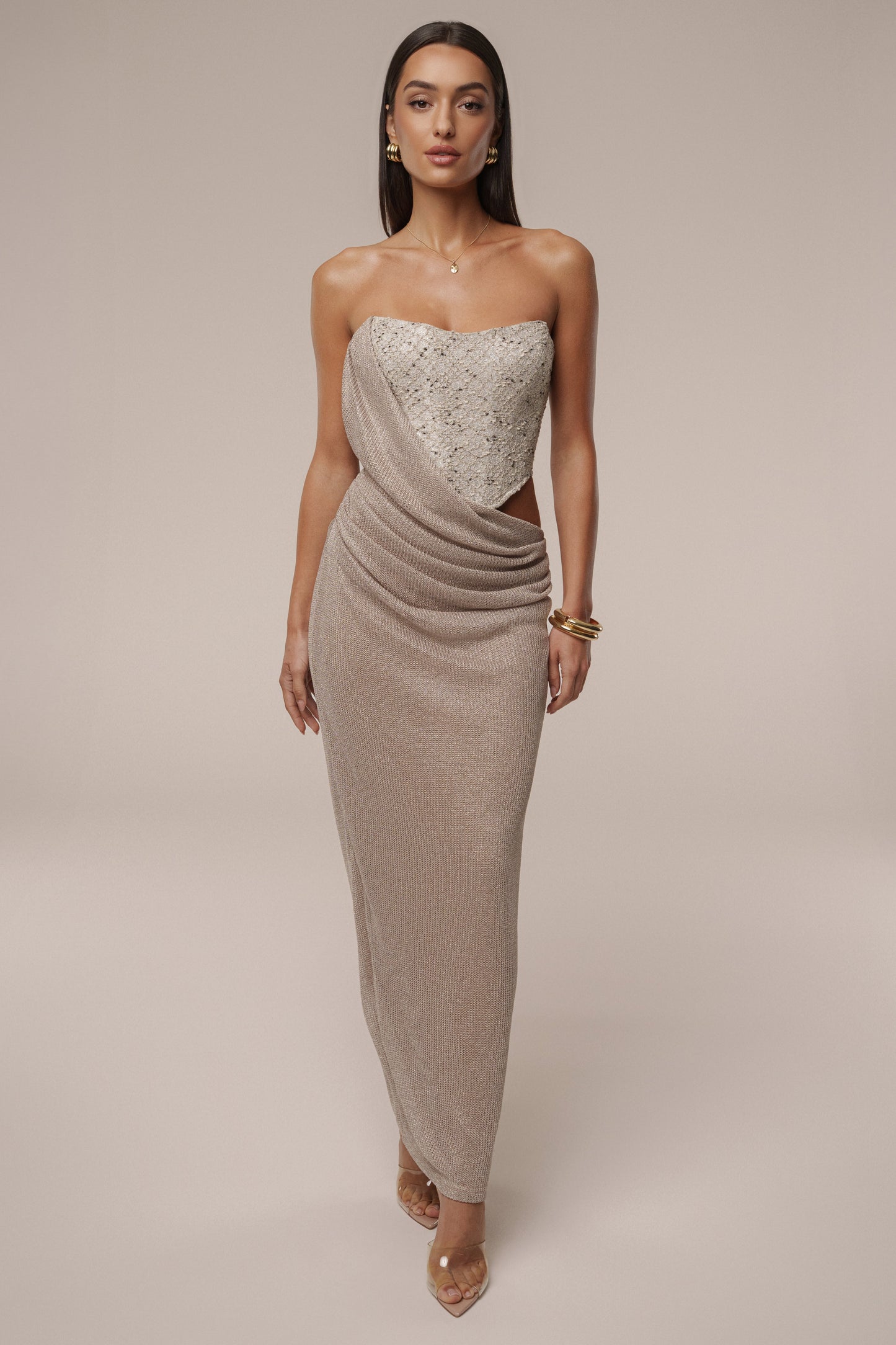 Beige Stellar Sequin Maxi Dress